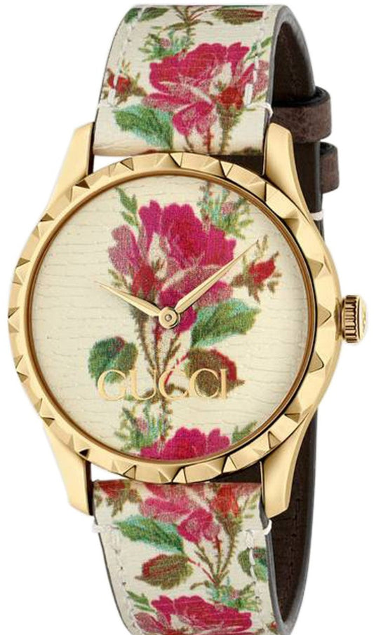 Gucci G Timeless Floral White Dial White Leather Strap Watch For Women - YA1264084