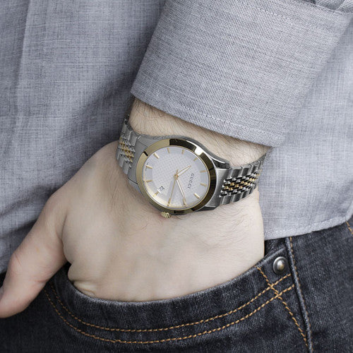 Gucci G Timeless Quartz Silver Dial Two Tone Mesh Bracelet Watch For Men - YA126409