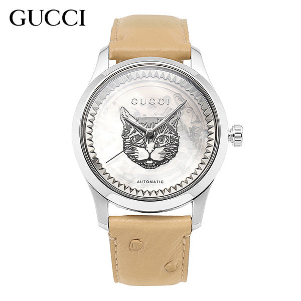 Gucci G Timeless Automatic Mother of Pearl Dial Brown Leather Strap Watch For Women - YA1264112