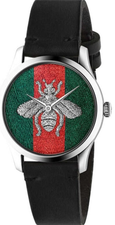 Gucci G Timeless Quartz Green & Red Dial Black Leather Strap Watch For Men - YA1264149