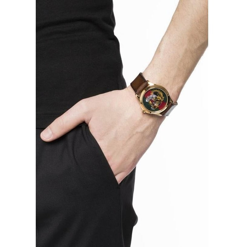 Gucci Le Marché Des Merveilles Tiger Green Red Dial Brown Leather Strap Unisex Watch - YA126497