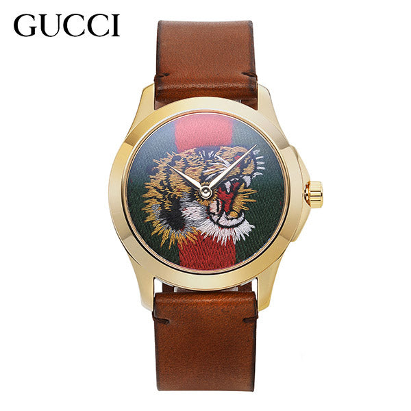 Gucci Le Marché Des Merveilles Tiger Green Red Dial Brown Leather Strap Unisex Watch - YA126497