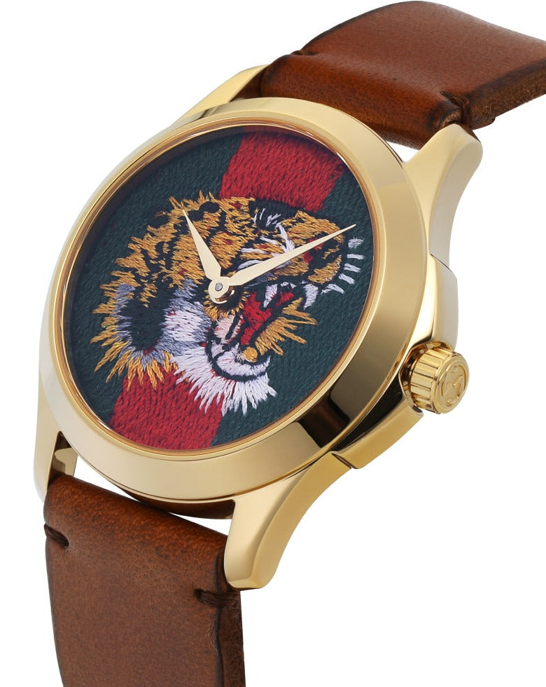 Gucci Le Marché Des Merveilles Tiger Green Red Dial Brown Leather Strap Unisex Watch - YA126497