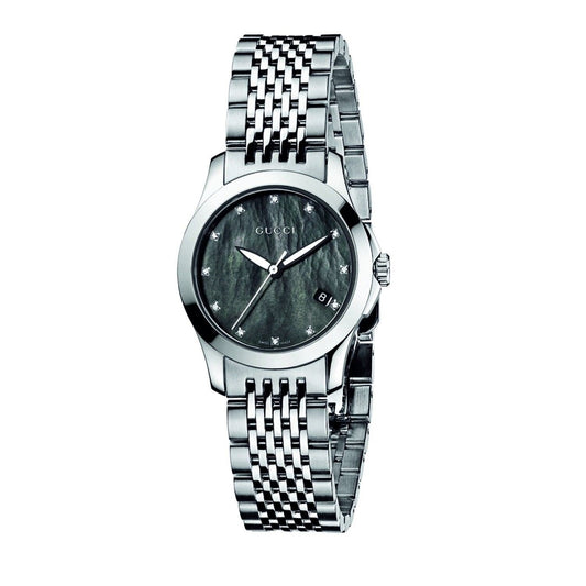 Gucci G Timeless Diamonds Mother of Pearl Black Dial Silver Steel Strap Watch For Women - YA126505