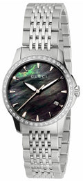 Gucci G Timeless Diamonds Mother of Pearl Black Dial Silver Mesh Bracelet Watch For Women - YA126507