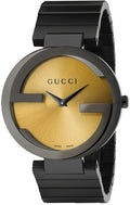 Gucci Interlocking G Quartz Gold Dial Black Steel Strap Watch For Women - YA133314