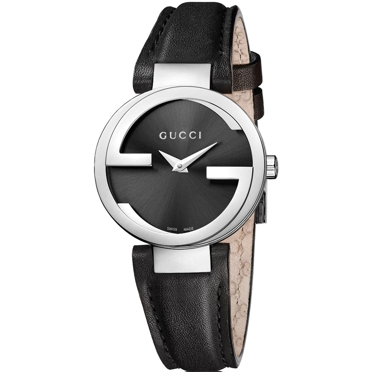 Gucci G Lock Interlocking Quartz Black Dial Black Leather Strap Watch For Women - YA133501