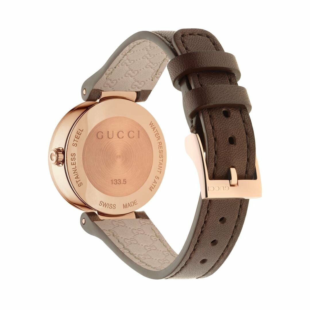 Gucci Interlocking Mother of Pearl Dial Brown Leather Strap Watch For Women - YA133516