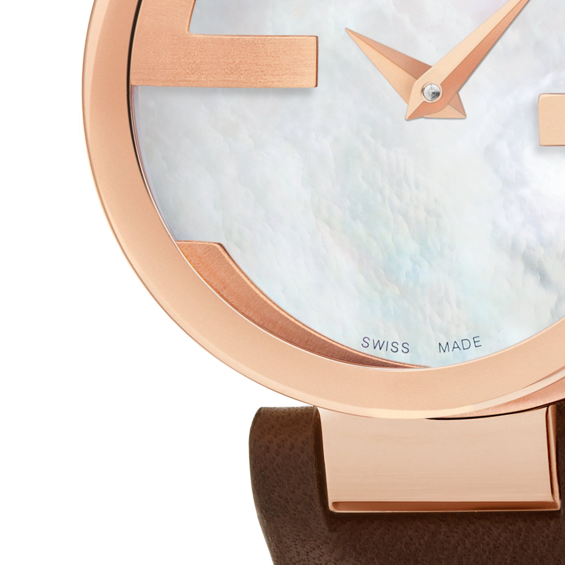 Gucci Interlocking Mother of Pearl Dial Brown Leather Strap Watch For Women - YA133516