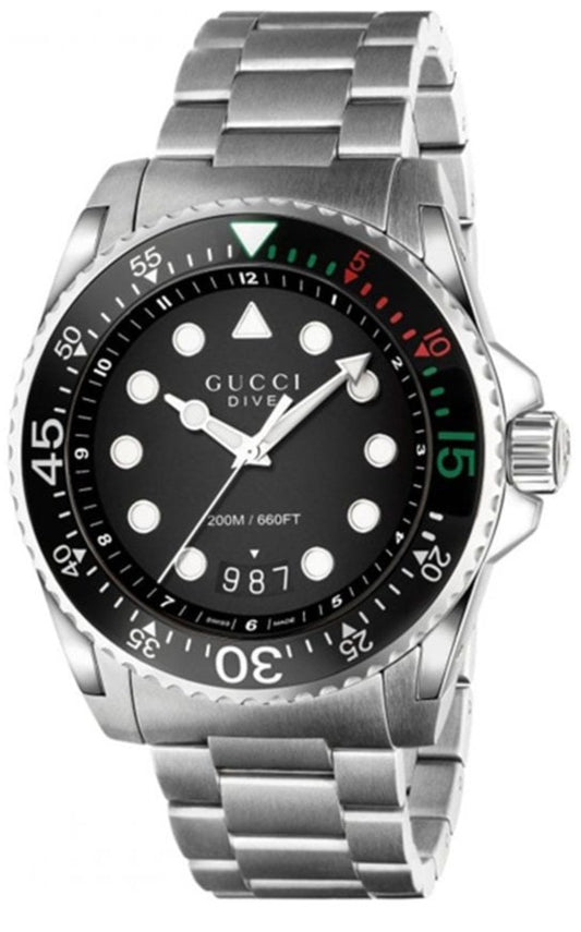 Gucci Dive Quartz Black Dial Silver Steel Strap Watch For Men - YA136208