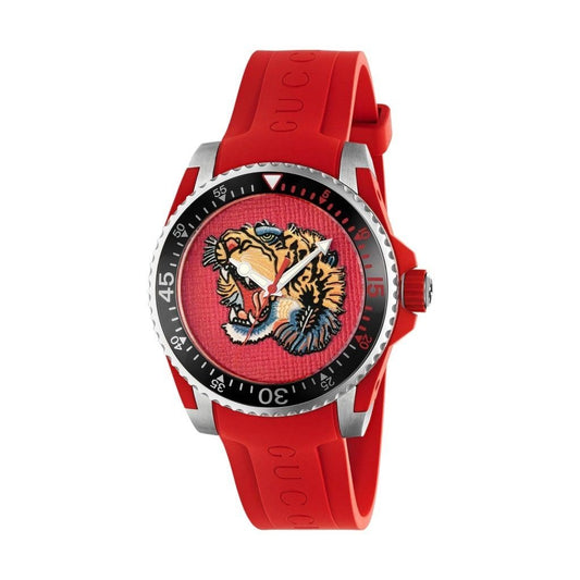 Gucci Dive Red Dial Red Emroidered Tiger Rubber Watch For Men - YA136315