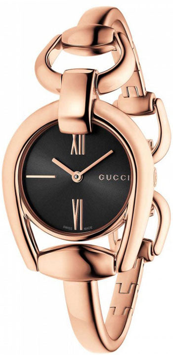 Gucci Horsebit Black Dial Rose Gold Steel Strap Watch For Women - YA139507