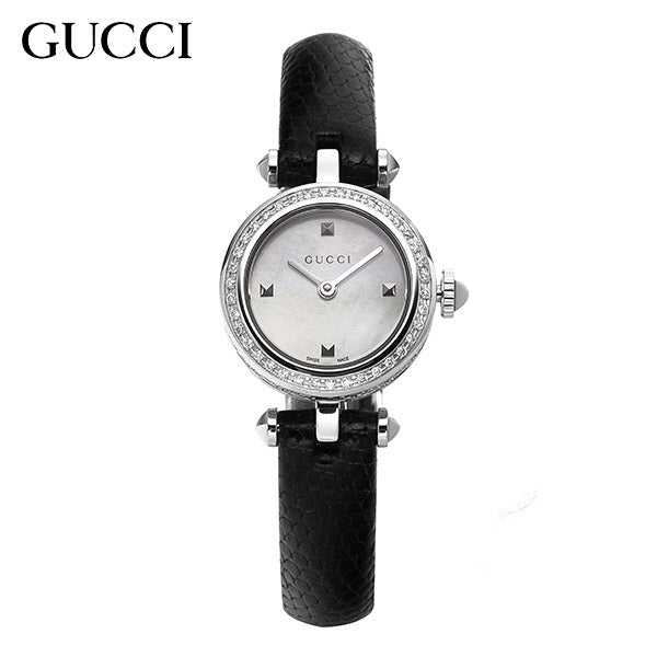 Gucci Diamantissima Diamonds Mother of Pearl Dial Black Leather Strap Watch For Women - YA141511