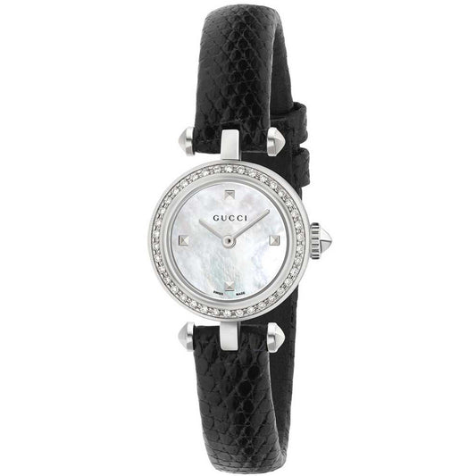 Gucci Diamantissima Diamonds Mother of Pearl Dial Black Leather Strap Watch For Women - YA141511