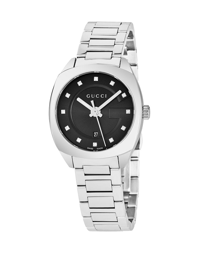 Gucci GG2570 Diamonds Black Dial Silver Steel Strap Watch For Women - YA142503