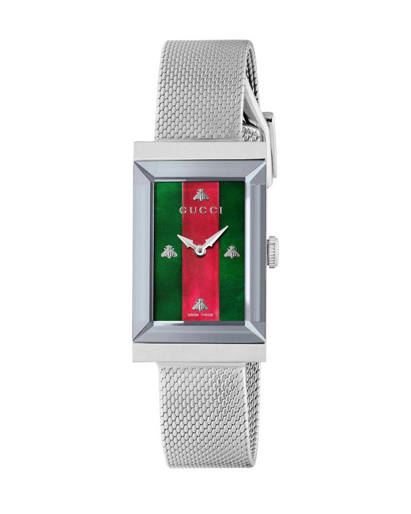 Gucci G Frame Red and Green Dial Silver Mesh Bracelet Watch For Women - YA147401