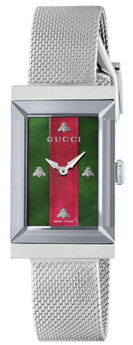 Gucci G Frame Quartz Diamonds Two Tone Mother of Pearl Dial Silver Mesh Bracelet Watch For Women - YA147510