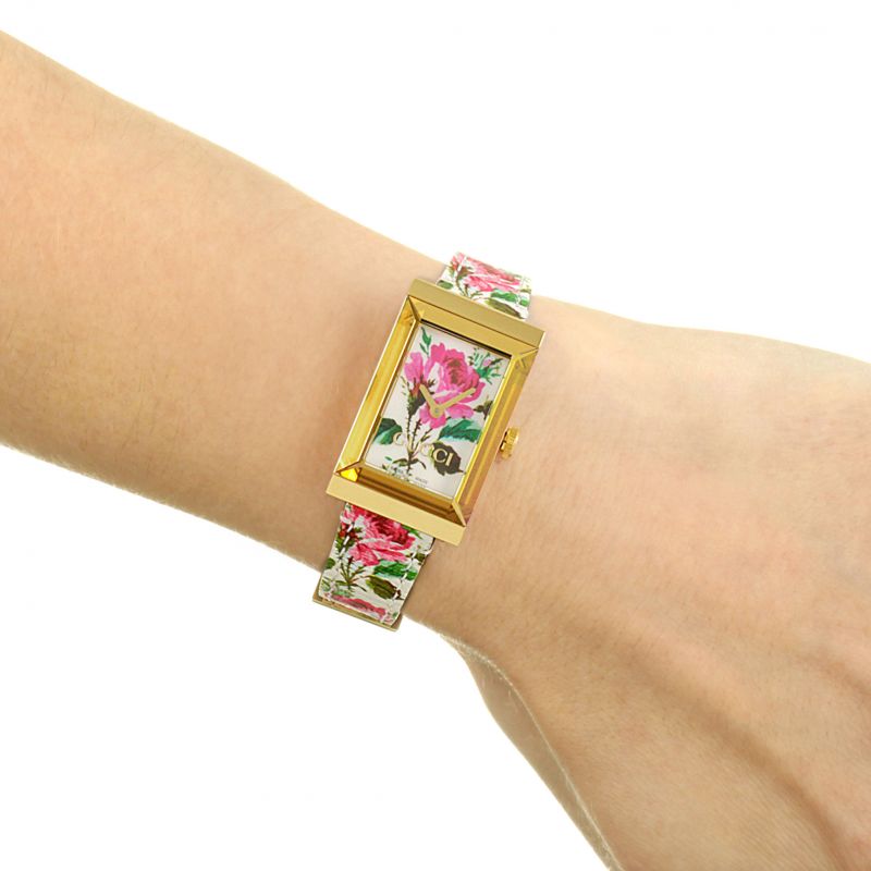 Gucci G-Frame Floral Ivory Dial White Leather Strap Watch For Women - YA147406