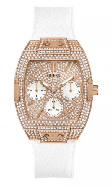 Guess Raven Diamonds Rose Gold Dial White Silicone Strap Watch for Women - GW0105L3