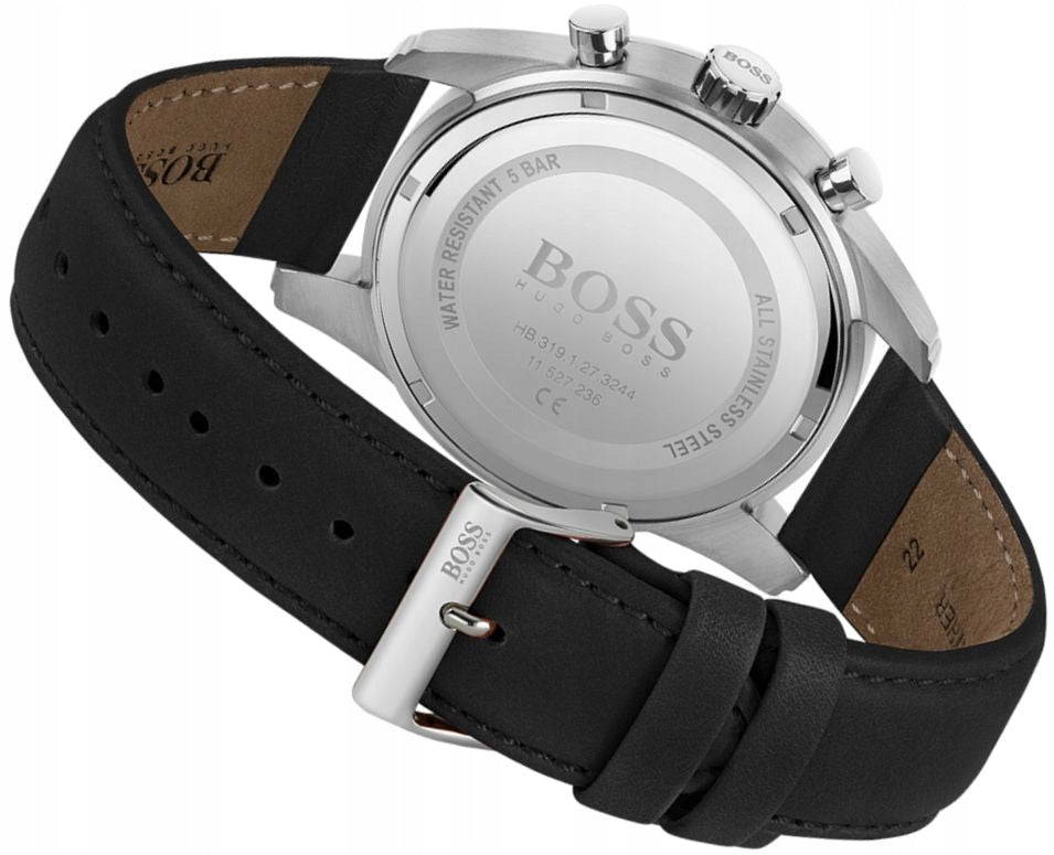 Hugo Boss Skymaster Chronograph Black Dial Black Leather Strap Watch for Men - 1513782