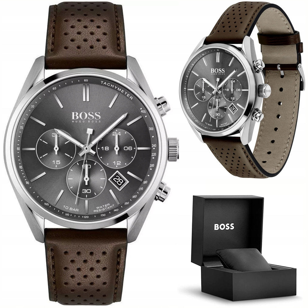 Hugo Boss Champion Chronograph Grey Dial Brown Leather Strap Watch for Men - 1513815