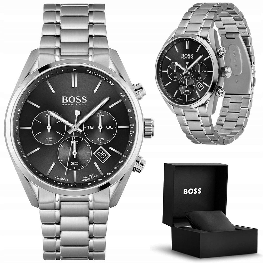 Hugo Boss Champion Black Dial Silver Steel Strap Watch for Men - 1513871