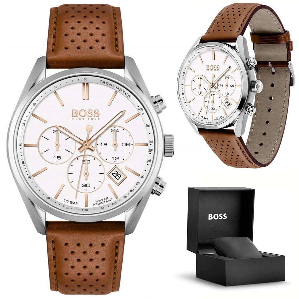 Hugo Boss Champion Chronograph White Dial Brown Leather Strap Watch for Men - 1513879