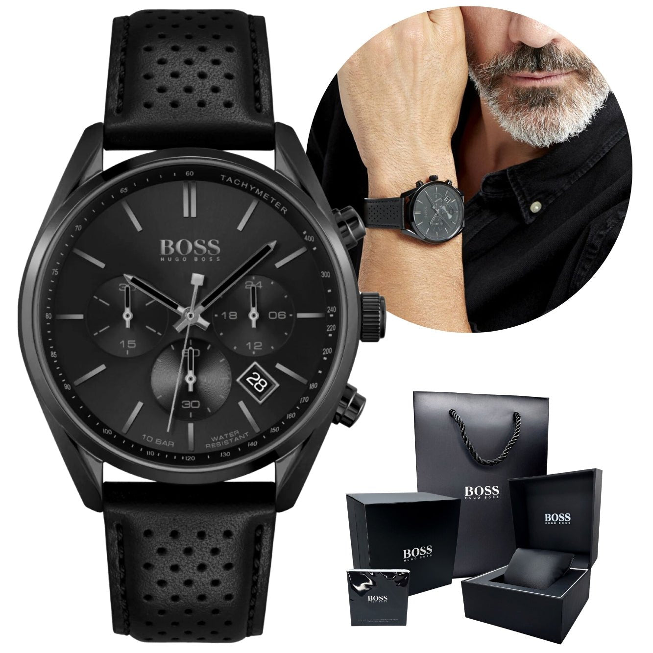 Hugo Boss Champion Black Dial Black Leather Strap Watch for Men - 1513880