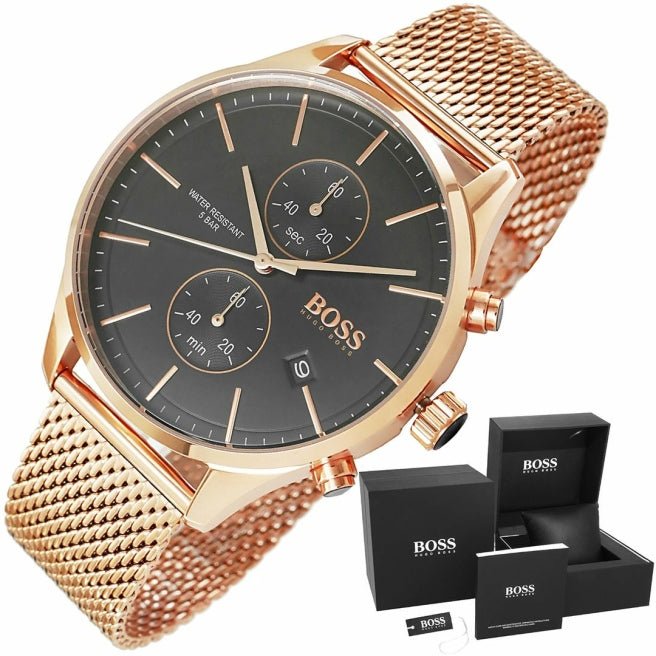 Hugo Boss Associate Black Dial Rose Gold Mesh Bracelet Watch for Men - 1513806