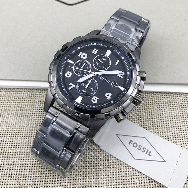 Fossil Dean Chronograph Black Dial Grey Steel Strap Watch for Men - FS4721