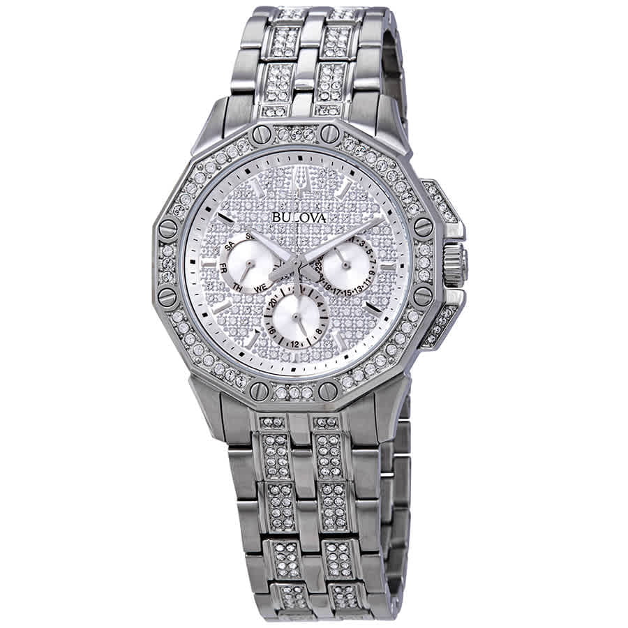 Bulova Crystal Collection Pave Crystals  Silver Dial Silver Steel Strap Watch for Men - 96C134