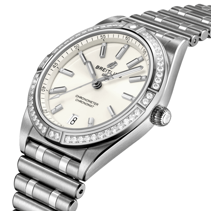 Breitling Chronomat Automatic 36 Diamonds White Dial Silver Steel Strap Watch for Women - A10380591A1A1