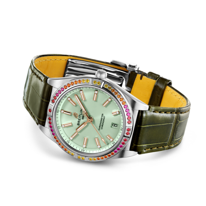 Breitling Chronomat Automatic 36 South Sea Green Dial Green Leather Strap Watch for Women - A10380611L1P1