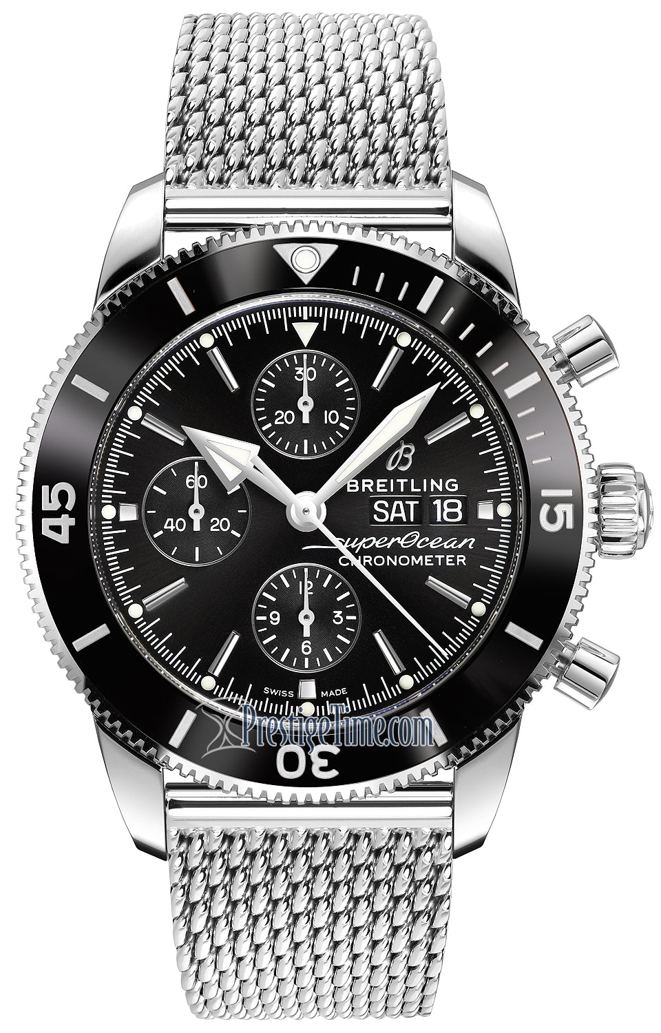 Breitling Superocean Heritage Chronograph 44 Black Dial Silver Mesh Bracelet Watch for Men - A13313121B1A1