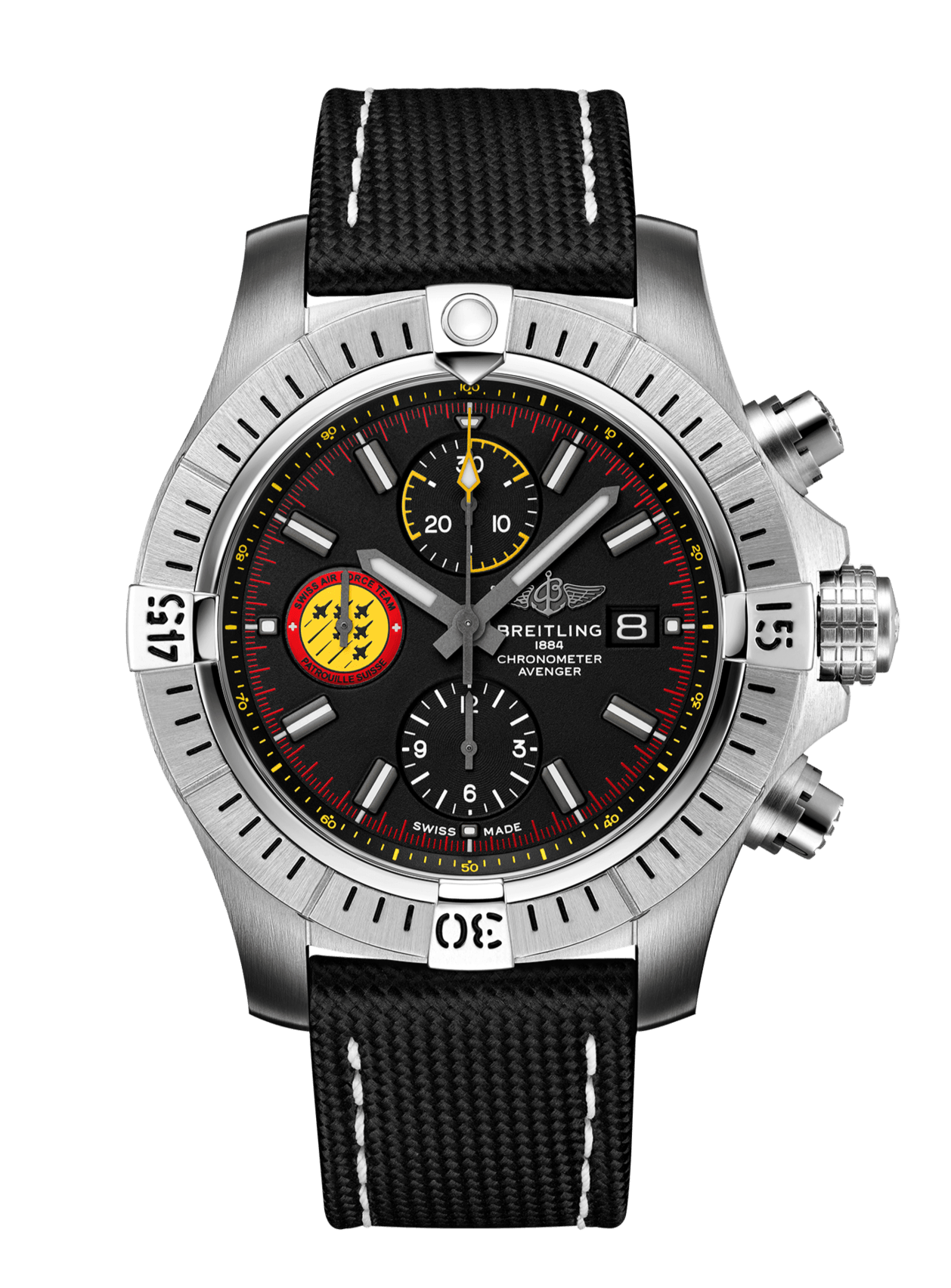 Breitling Avenger Chronograph 45mm Swiss Air Force Team Black Dial Black Nylon Strap Watch for Men - A133171A1B1X1