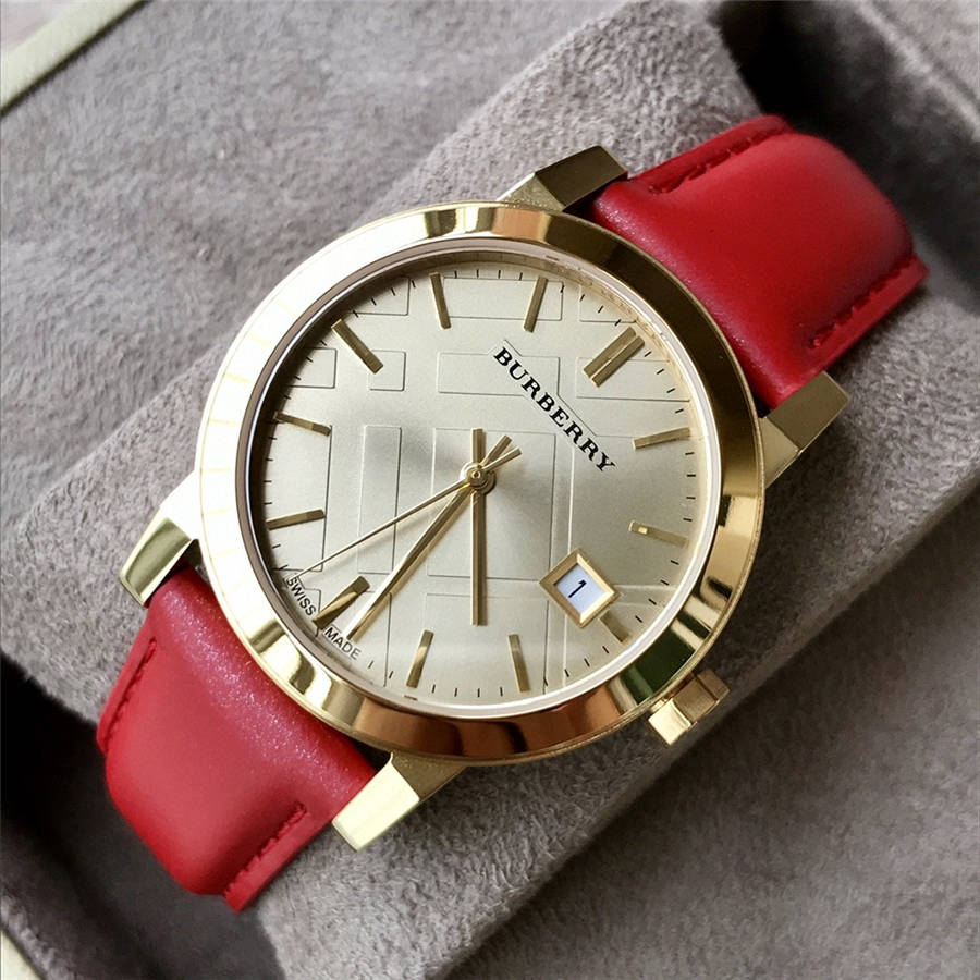 Burberry The City Gold Dial Red Leather Strap Watch for Women - BU9140