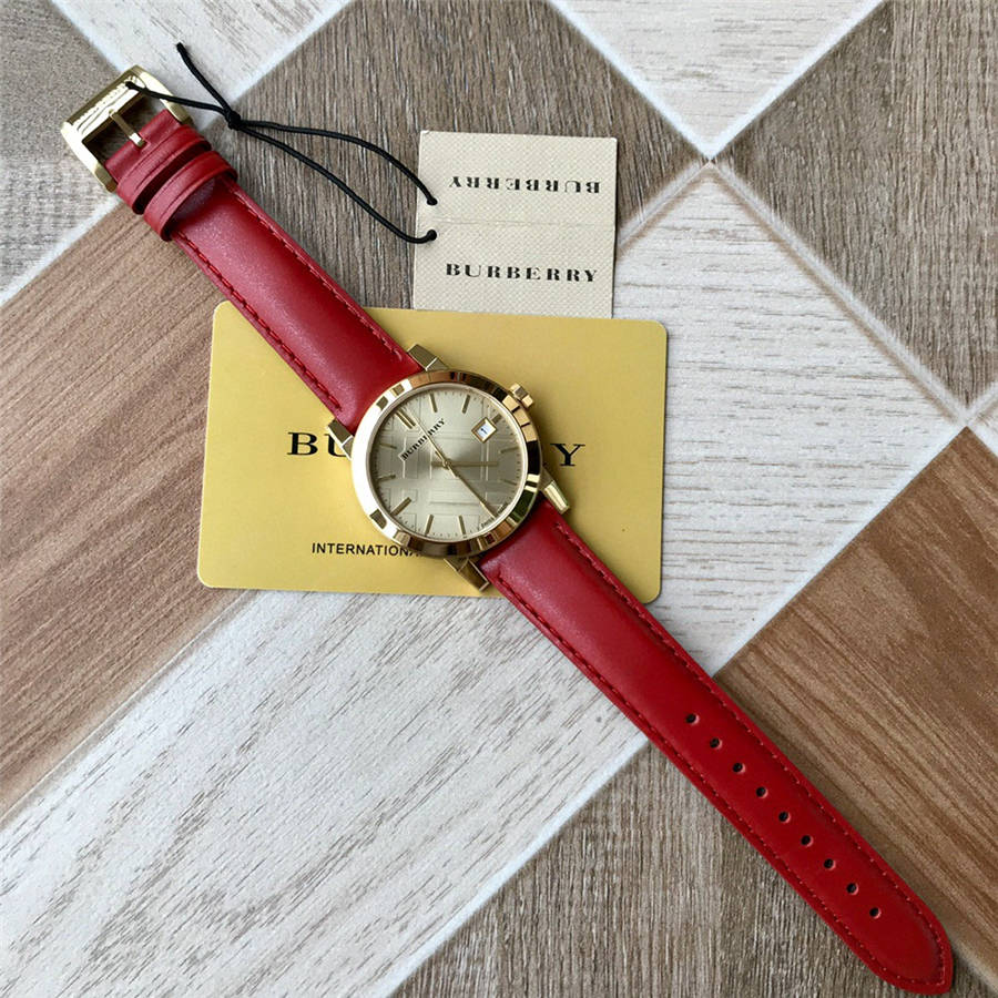 Burberry The City Gold Dial Red Leather Strap Watch for Women - BU9140