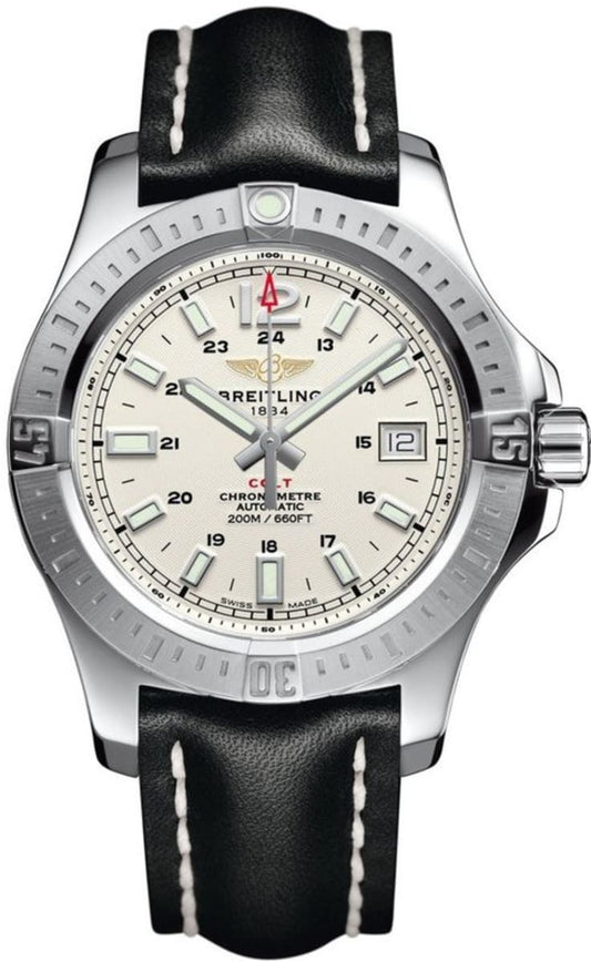 Breitling Colt 44mm Automatic Silver Dial Black Leather Mens Watch - A1731311/G820/428X