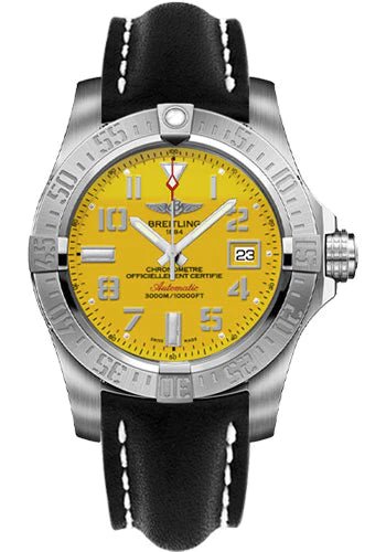 Breitling Avenger II Seawolf Yellow Dial Black Leather Strap 45mm Mens Watch - A1733110/I519/436X