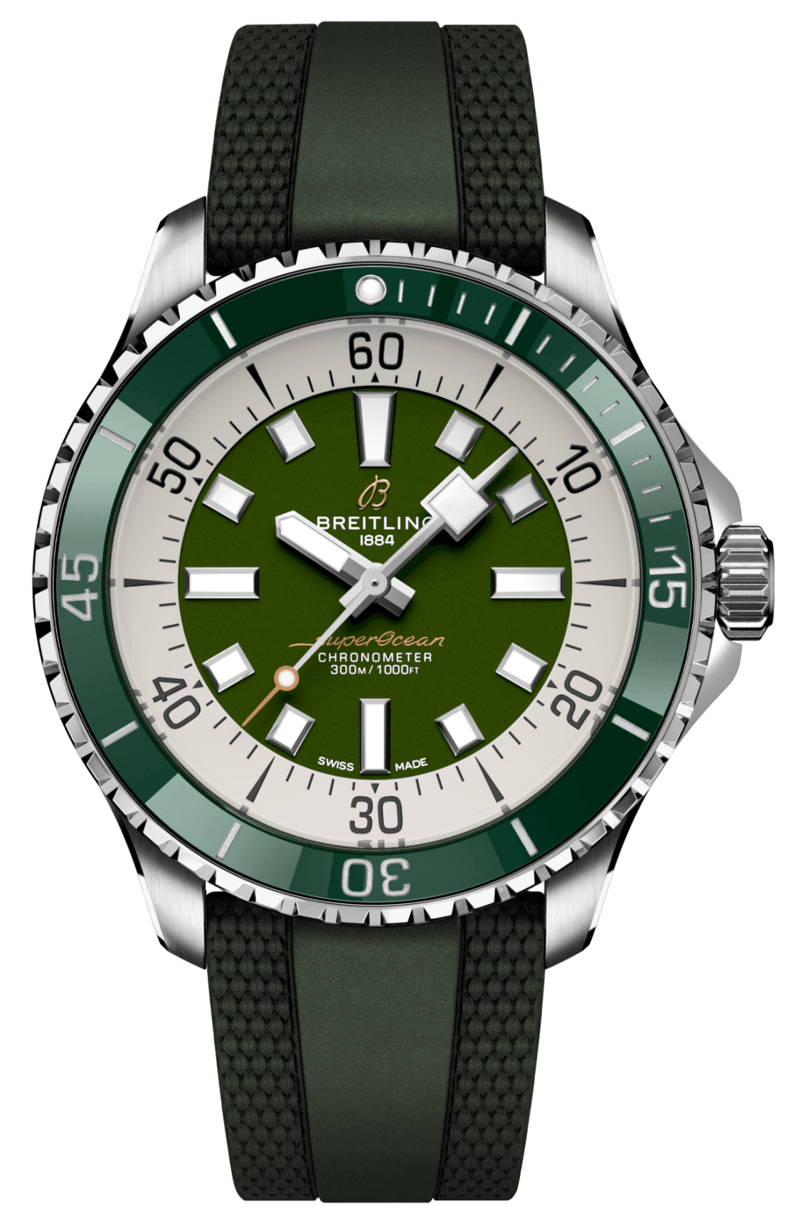 Breitling Superocean Automatic 44 Green Dial Green Rubber Strap Watch for Men - A17376A31L1S1