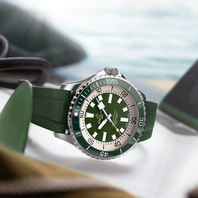 Breitling Superocean Automatic 44 Green Dial Green Rubber Strap Watch for Men - A17376A31L1S1