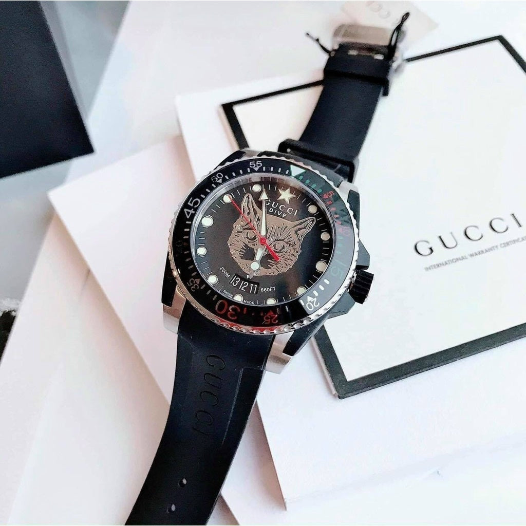 Gucci Dive Feline Quartz Black Dial Black Rubber Strap Watch For Men - YA136320