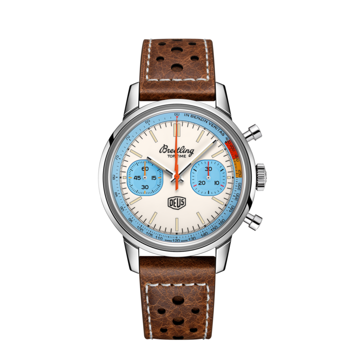 Breitling Top Time Deus Limited Edition White Dial Brown Leather Strap Watch for Men - A233112A1A1X1