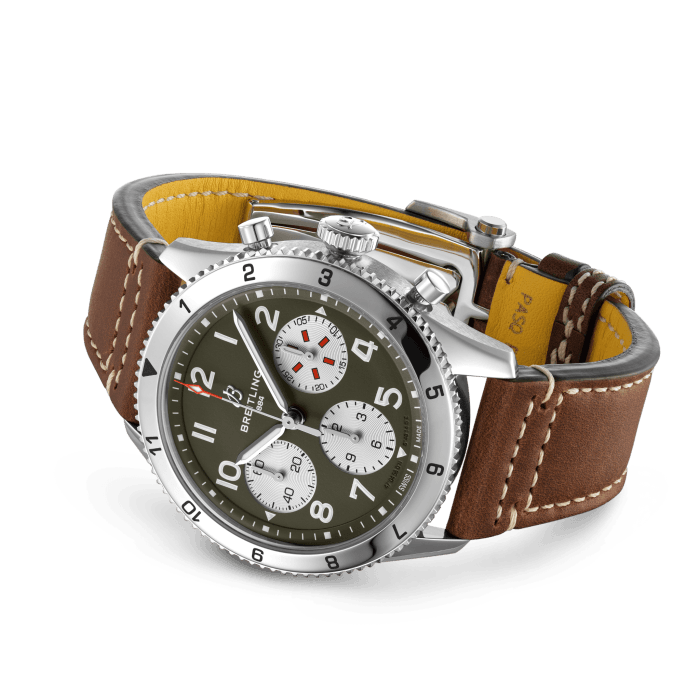 Breitling Avi Chronograph 42 Curtiss Warhawk Green Dial Brown Leather Strap Watch for Men - A233802A1L1X1