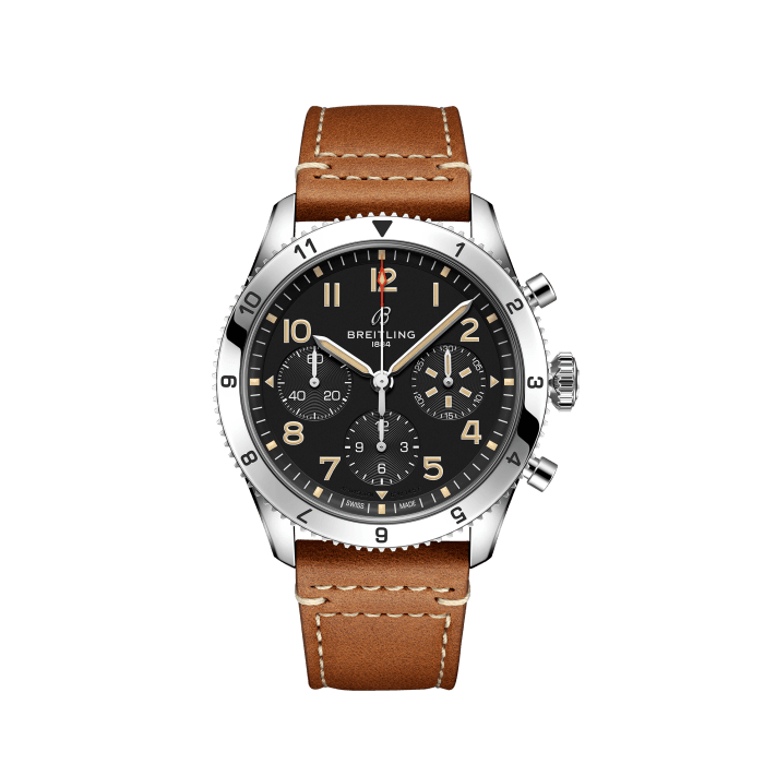 Breitling Avi Chronograph 42 P-51 Mustang Black Dial Brown Leather Strap Watch for Men - A233803A1B1X1