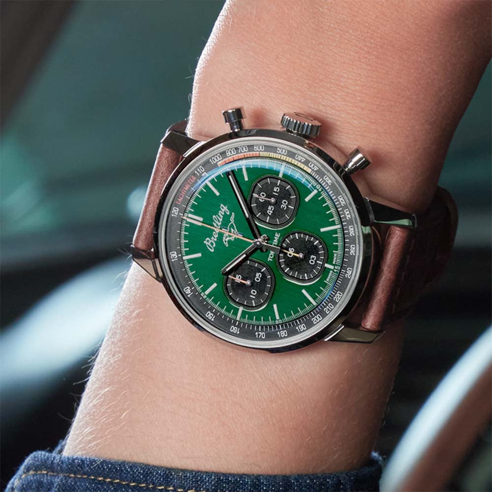 Breitling Top Time B01 Ford Mustang Green Dial Brown Leather Strap Watch for Men - AB01762A1L1X1