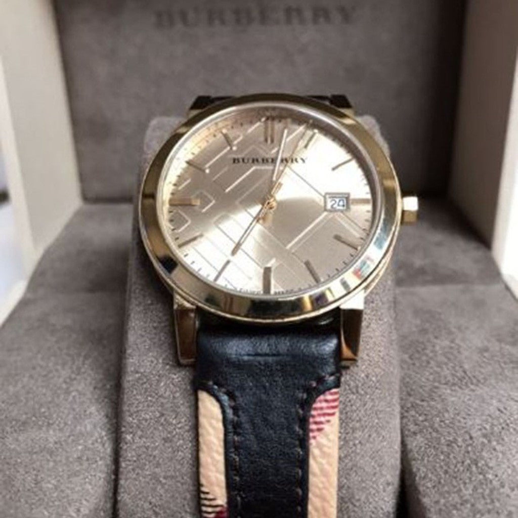 Burberry The City Gold Dial Black Leather Strap Watch for Men - BU9032