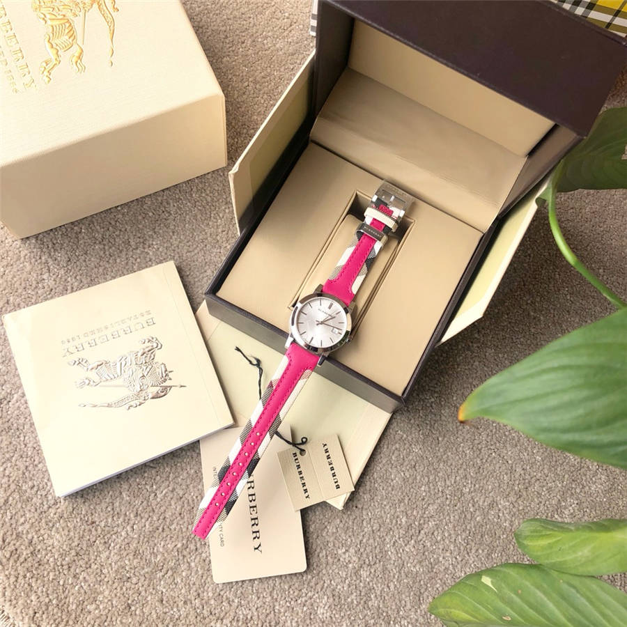 Burberry The City White Dial Pink Haymarket Leather Strap Watch for Women - BU9149