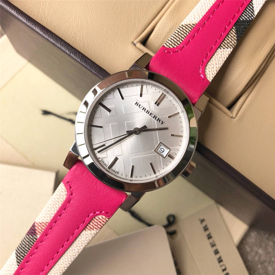 Burberry The City White Dial Pink Haymarket Leather Strap Watch for Women - BU9149