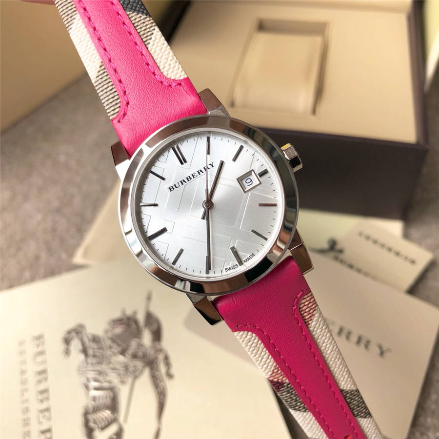 Burberry The City White Dial Pink Haymarket Leather Strap Watch for Women - BU9149